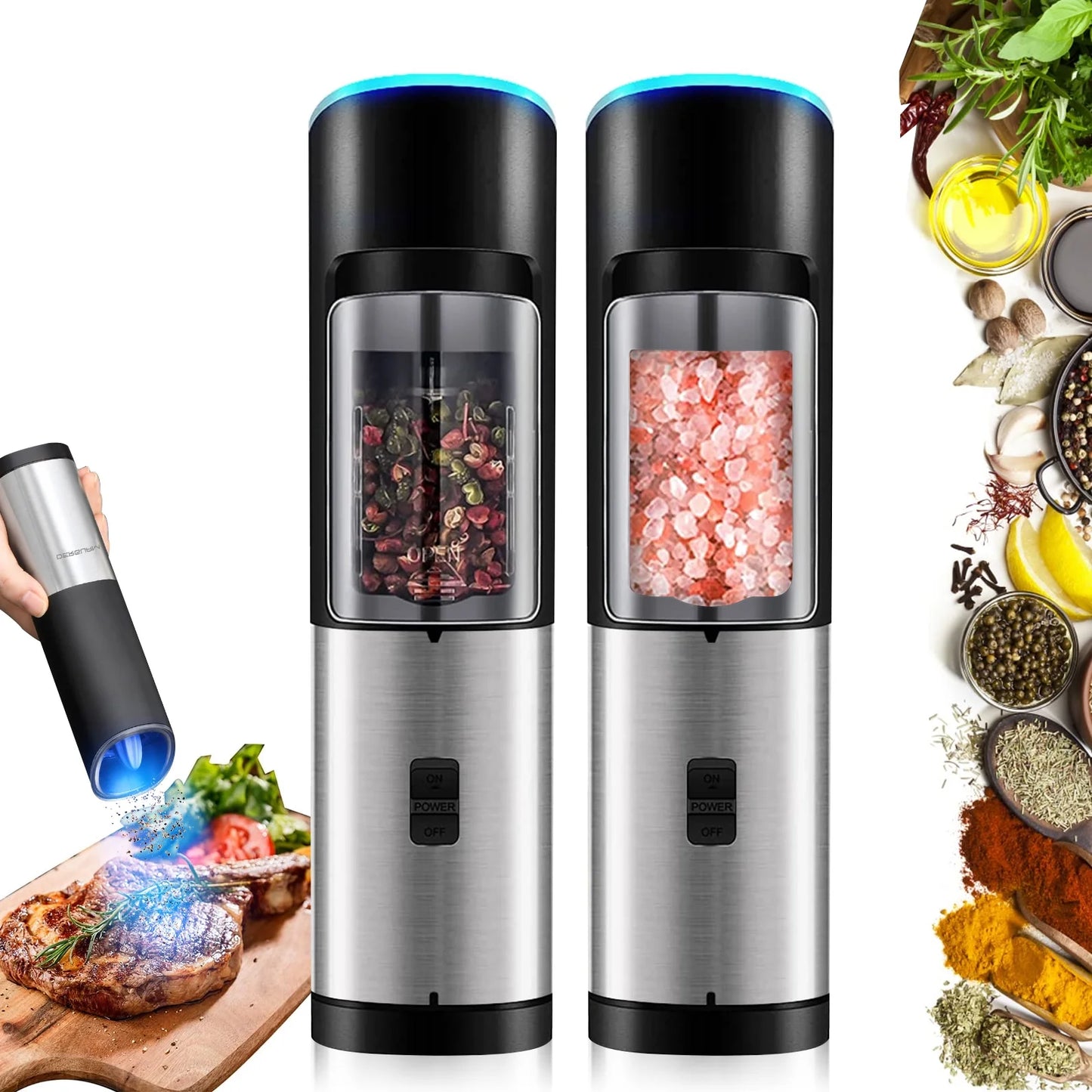 Essentials 2 Pack Electric Salt and Pepper Grinder Set 