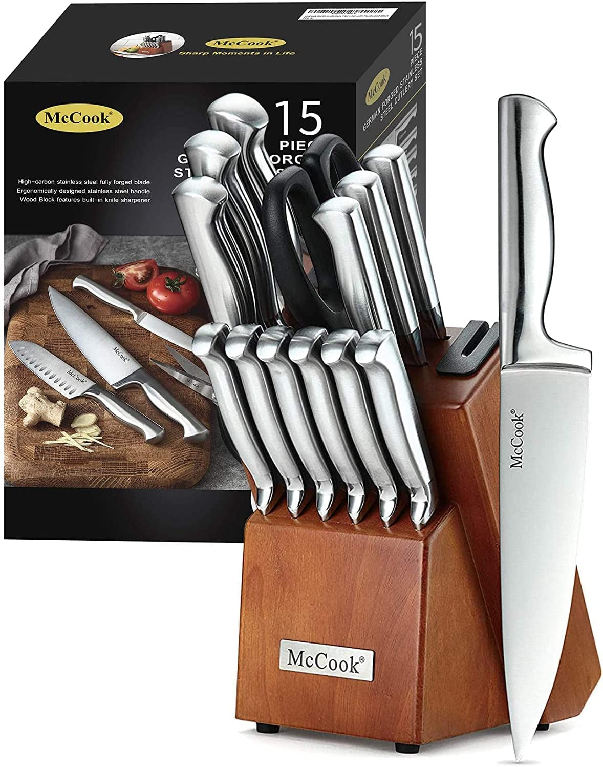 Essentials Knife Sets, Golden Titanium Stainless Steel Kitchen Knife Block Sets with Built-In Sharpener