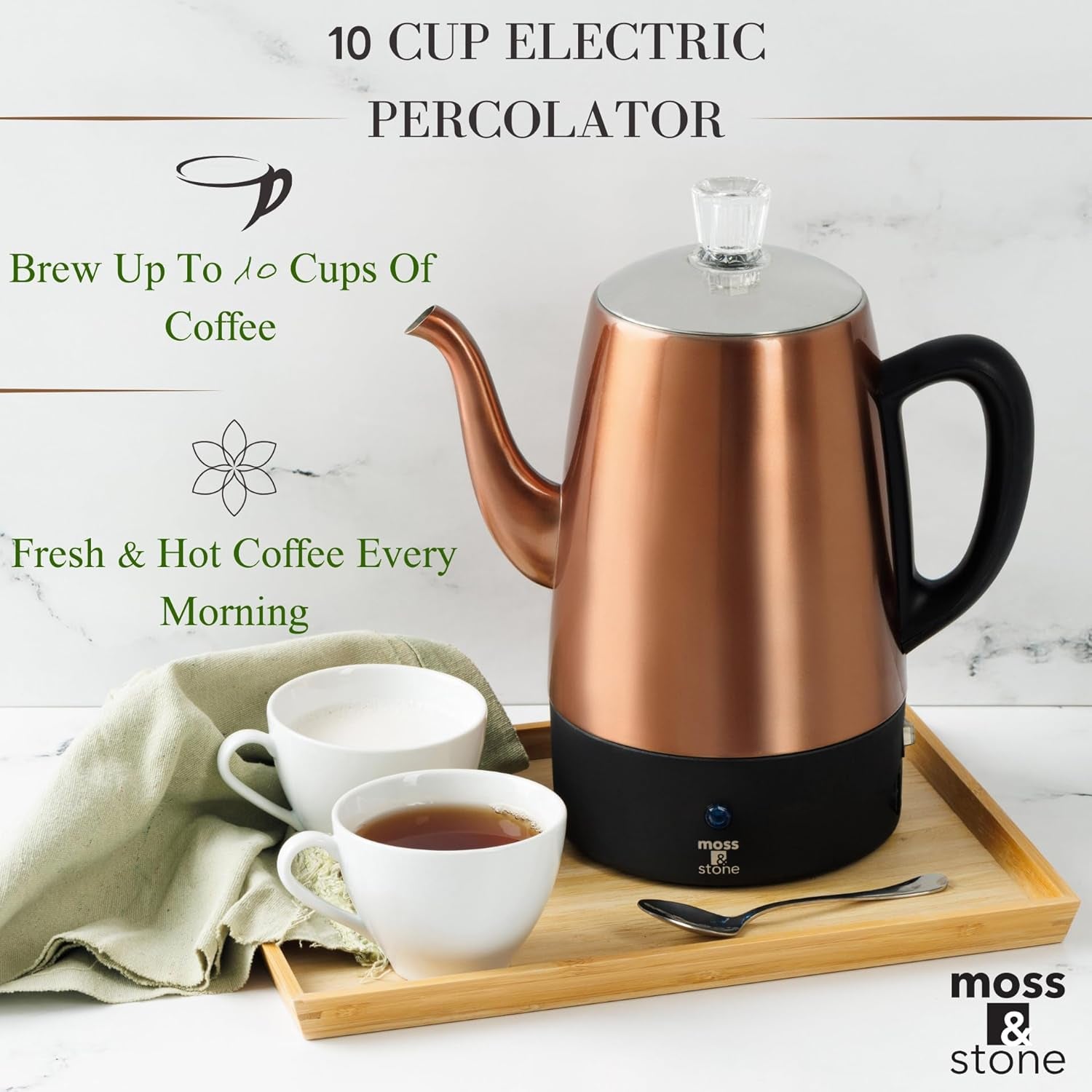 Essentials Percolator Coffee Pot Electric 10 Cup, Stainless Steel Coffee Maker