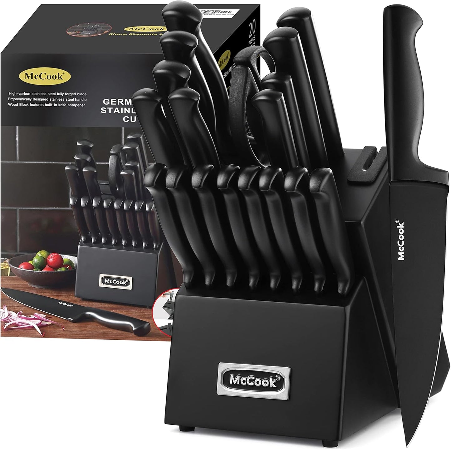 Essentials Knife Sets, Golden Titanium Stainless Steel Kitchen Knife Block Sets with Built-In Sharpener