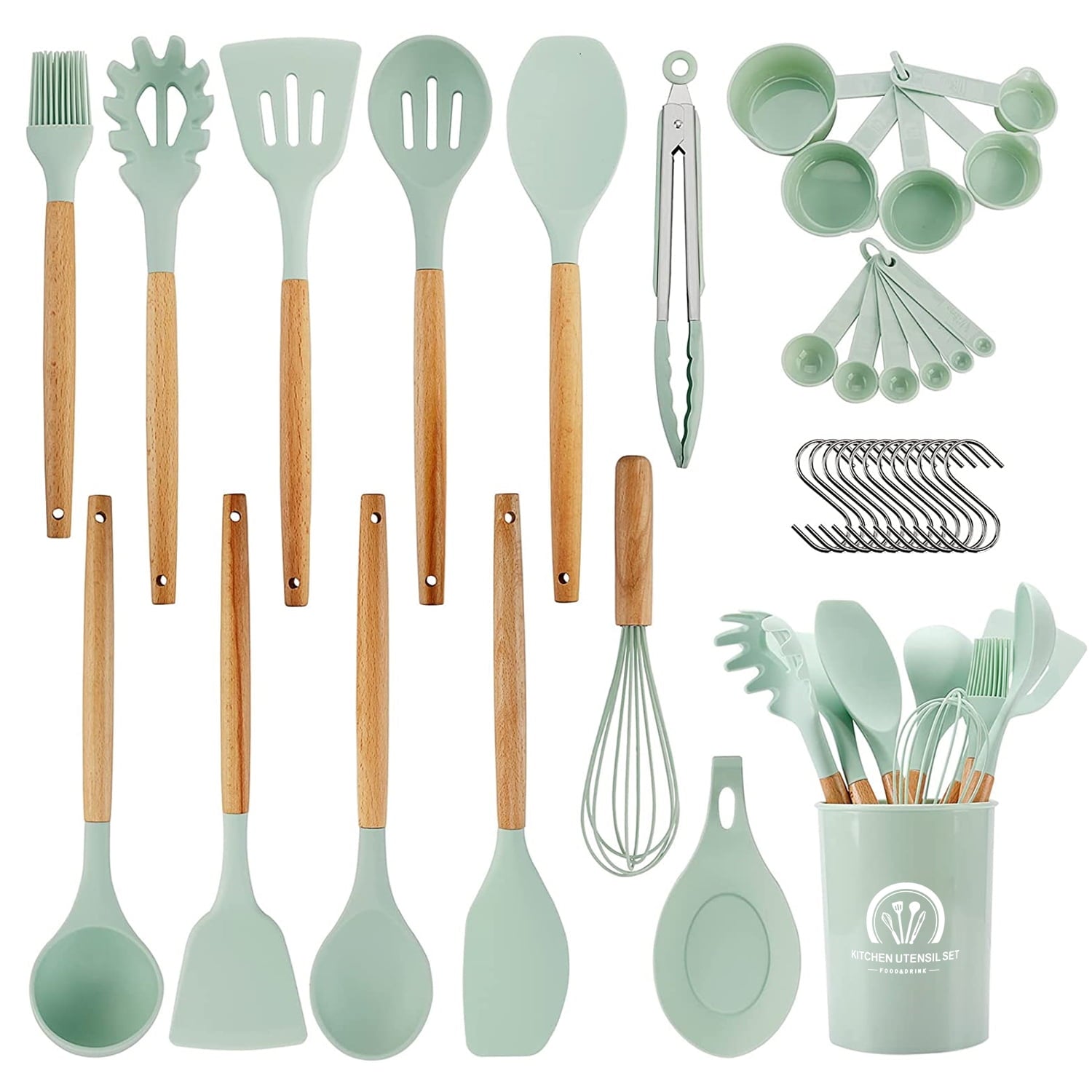 Essentials 34PCS Silicone Cooking Utensils Set, 446°F Heat Resistant Wooden Handle Cooking Kitchen Utensils Spatula Set with Holder for Nonstick Cookware,Dishwasher Safe (BPA Free),Green