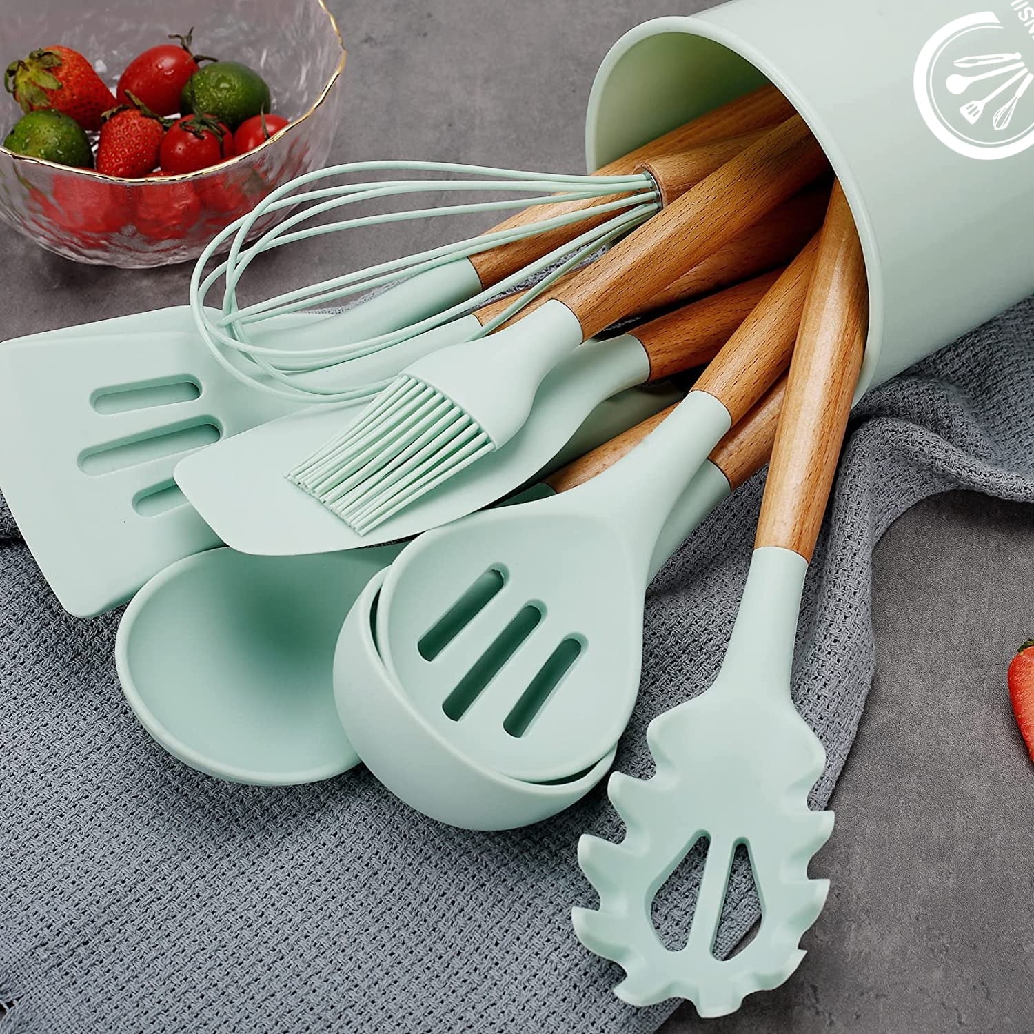 Essentials 34PCS Silicone Cooking Utensils Set, 446°F Heat Resistant Wooden Handle Cooking Kitchen Utensils Spatula Set with Holder for Nonstick Cookware,Dishwasher Safe (BPA Free),Green