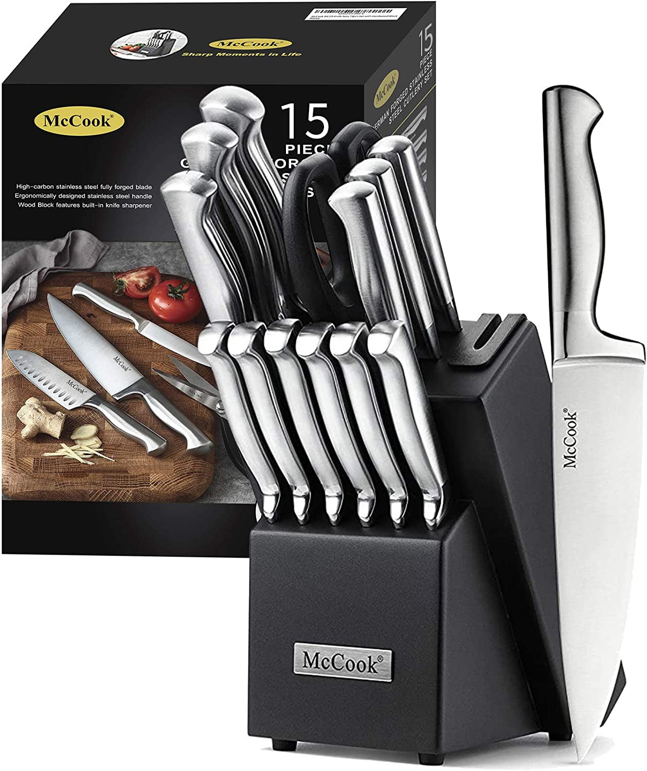 Essentials Knife Sets, Golden Titanium Stainless Steel Kitchen Knife Block Sets with Built-In Sharpener