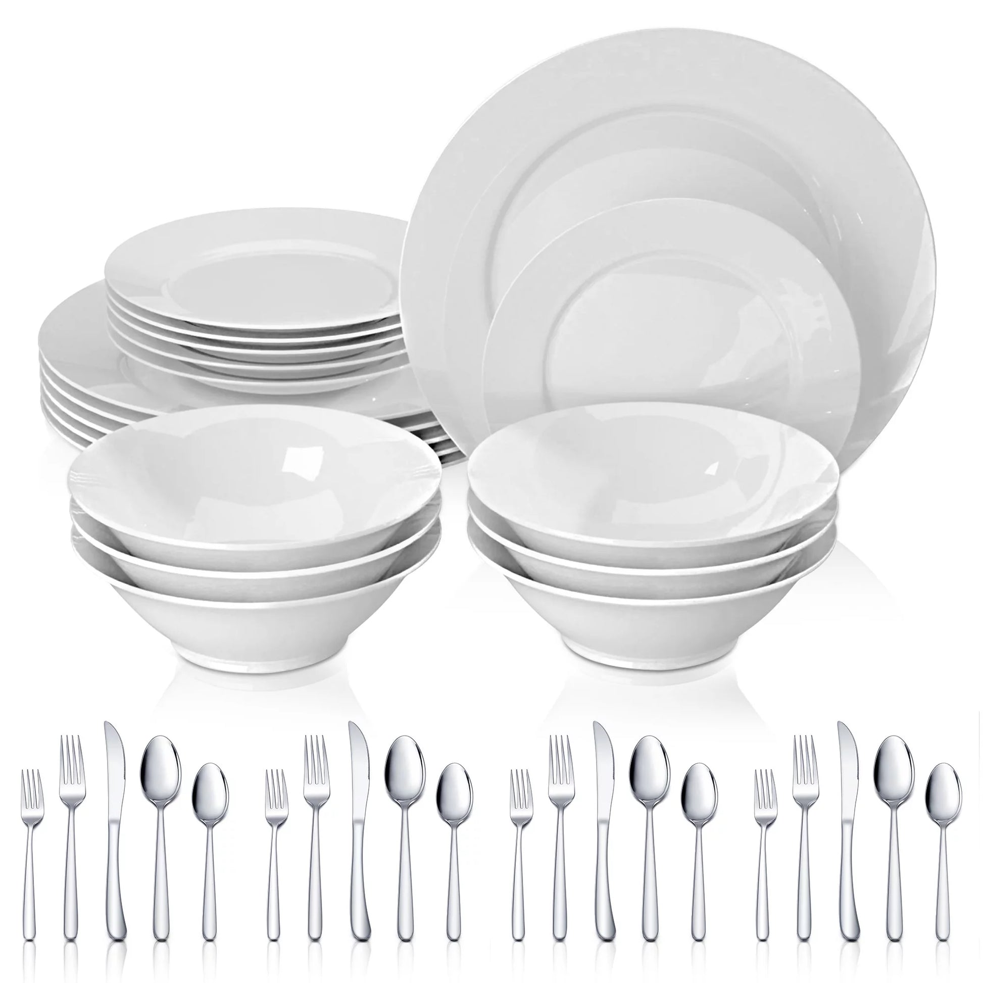 Essentials Porcelain Dinnerware Set, 18-Piece Plates and Bowls Set & 20-Piece Silverware Set