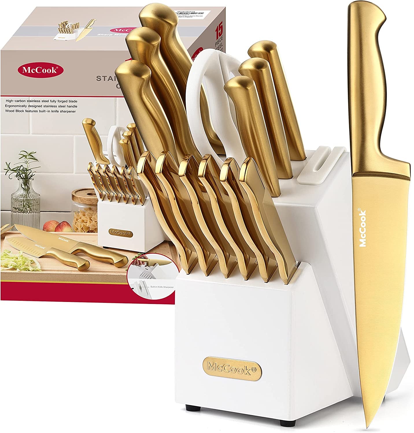 Essentials Knife Sets, Golden Titanium Stainless Steel Kitchen Knife Block Sets with Built-In Sharpener