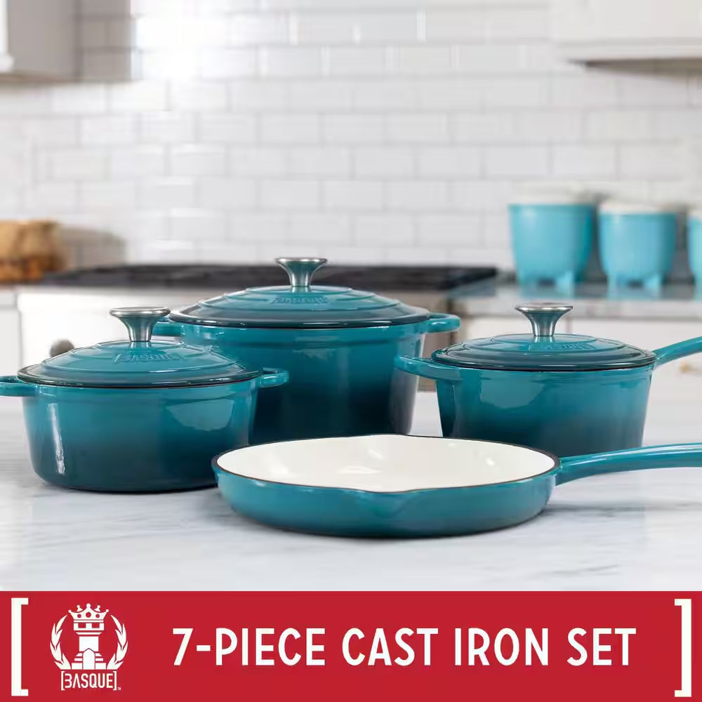 7-Piece Enameled Cast Iron Nonstick Cookware Set in Biscay Blue