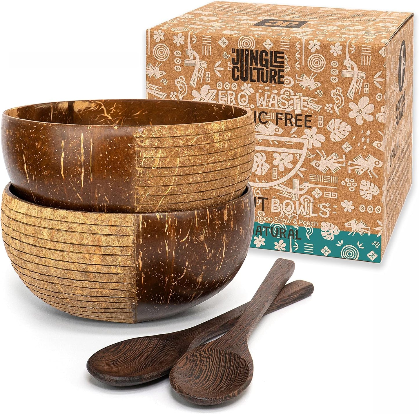 Essentials 2 Patterned Coconut Bowl and Wooden Spoons Set 