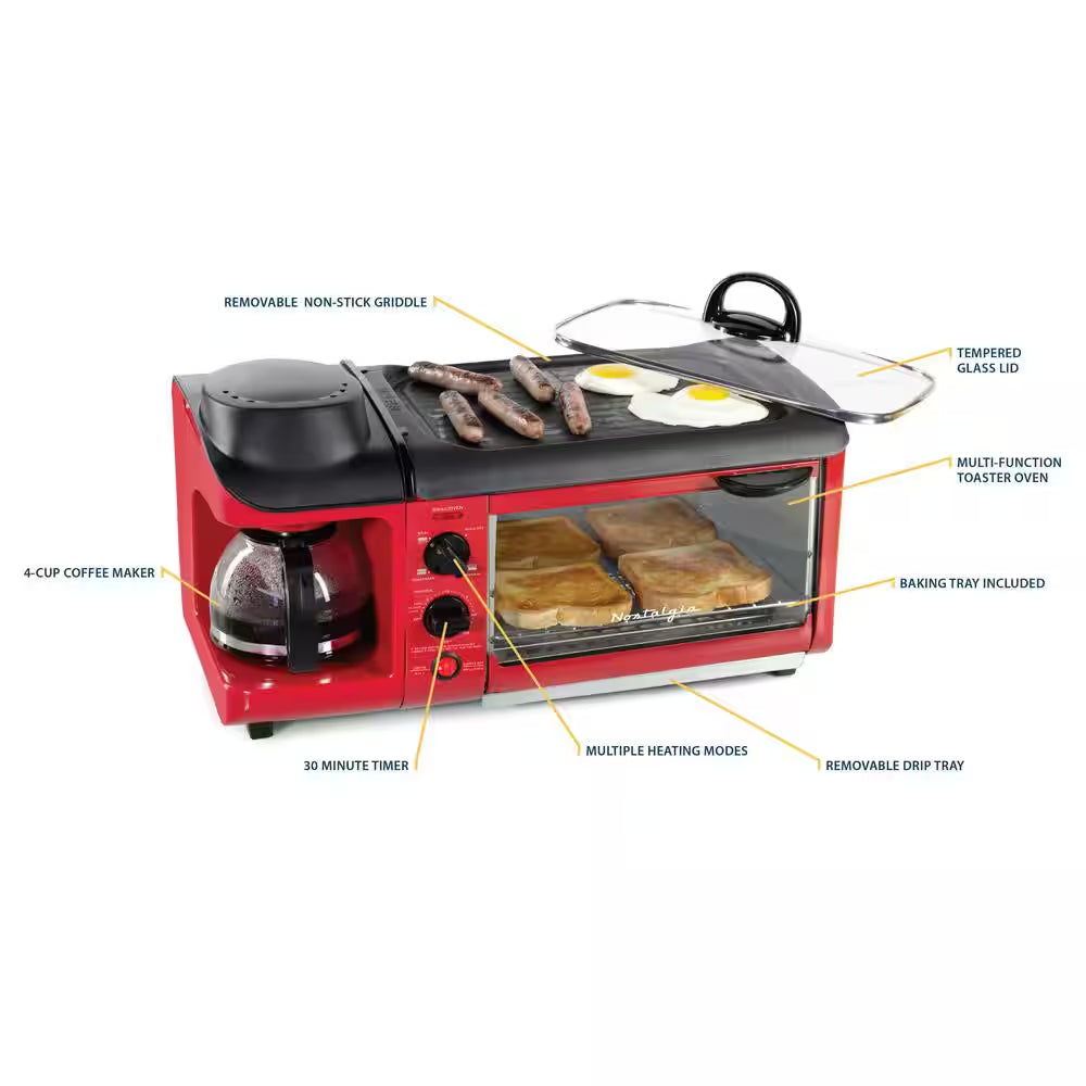 Essentials 1500 W 4-Slice Red Toaster Oven Breakfast Station