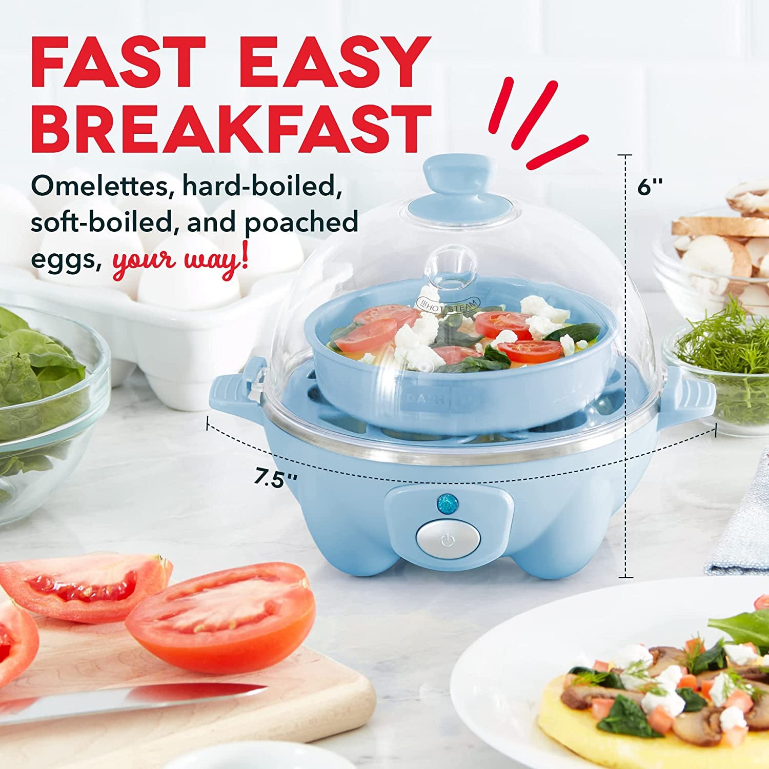 Essentials Rapid Egg Cooker: 6 Egg Capacity Electric Egg Cooker for Hard Boiled Eggs, Poached Eggs, Scrambled Eggs, or Omelets with Auto Shut off Feature - Dream Blue