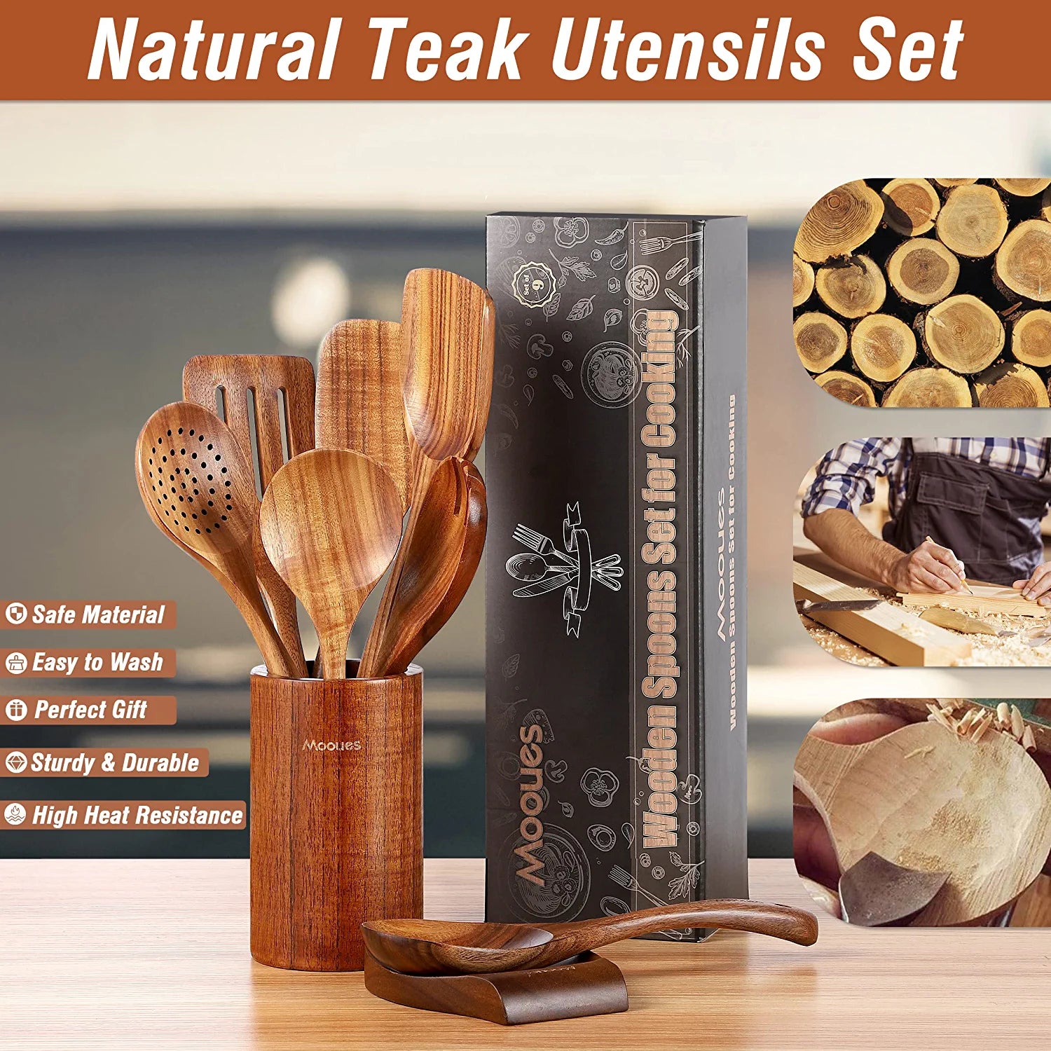 Essentials 9 Piece Natural Teak Wooden Kitchen Utensil Set with Spoon Rest 