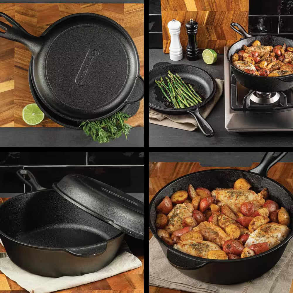 Essentials 10.25 In. 2-In-1 Pre-Seasoned Cast Iron Cooker Combo Skillet