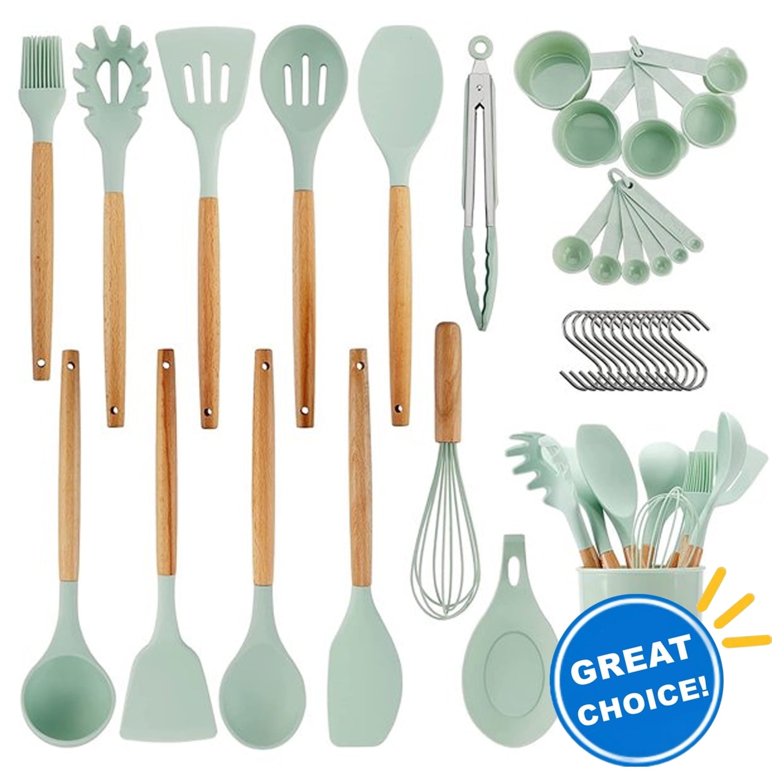 Essentials 34PCS Silicone Cooking Utensils Set, 446°F Heat Resistant Wooden Handle Cooking Kitchen Utensils Spatula Set with Holder for Nonstick Cookware,Dishwasher Safe (BPA Free),Green