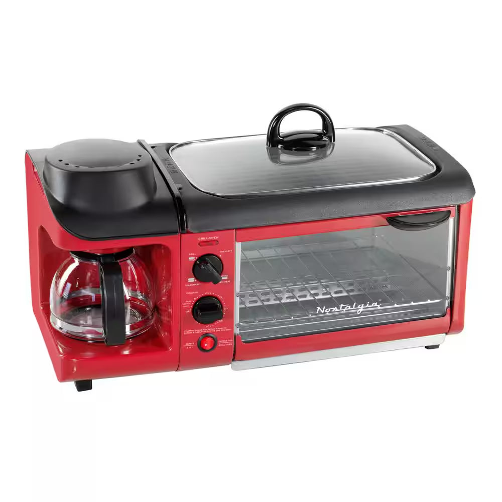 Essentials 1500 W 4-Slice Red Toaster Oven Breakfast Station