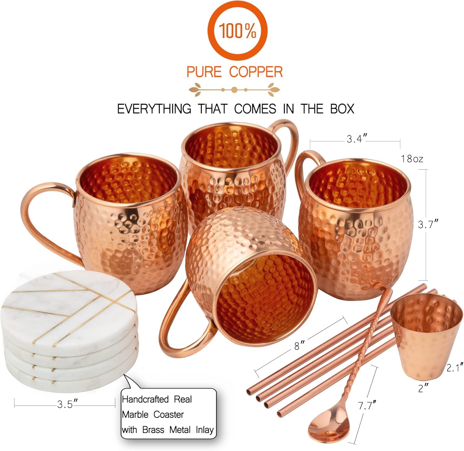 Essentials Moscow Mule Copper Mugs 18 Oz - Set of 4. with Real Marble Coasters. 100% Handcrafted Pure Food Safe Copper Mug Cups | Gift Set | 4 Straws, 4 Marble Coaster, Shot Glass, Stirrer | Luxurious Box