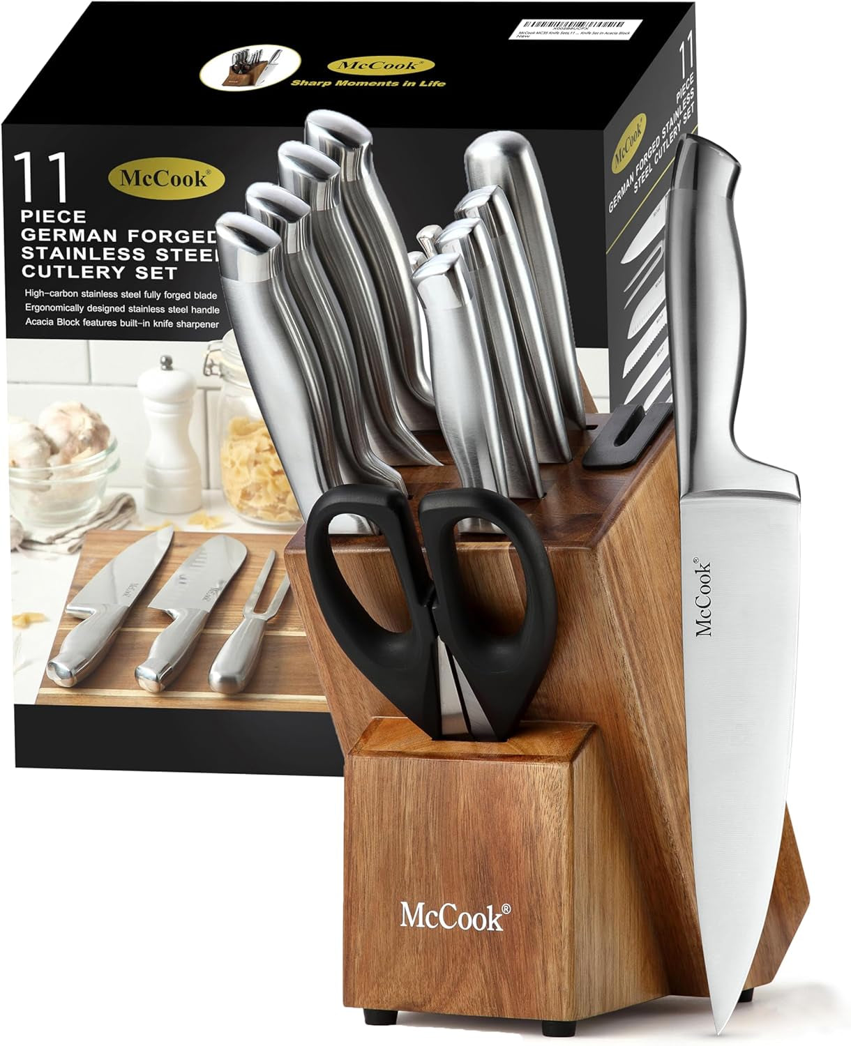 Essentials Knife Sets, Golden Titanium Stainless Steel Kitchen Knife Block Sets with Built-In Sharpener