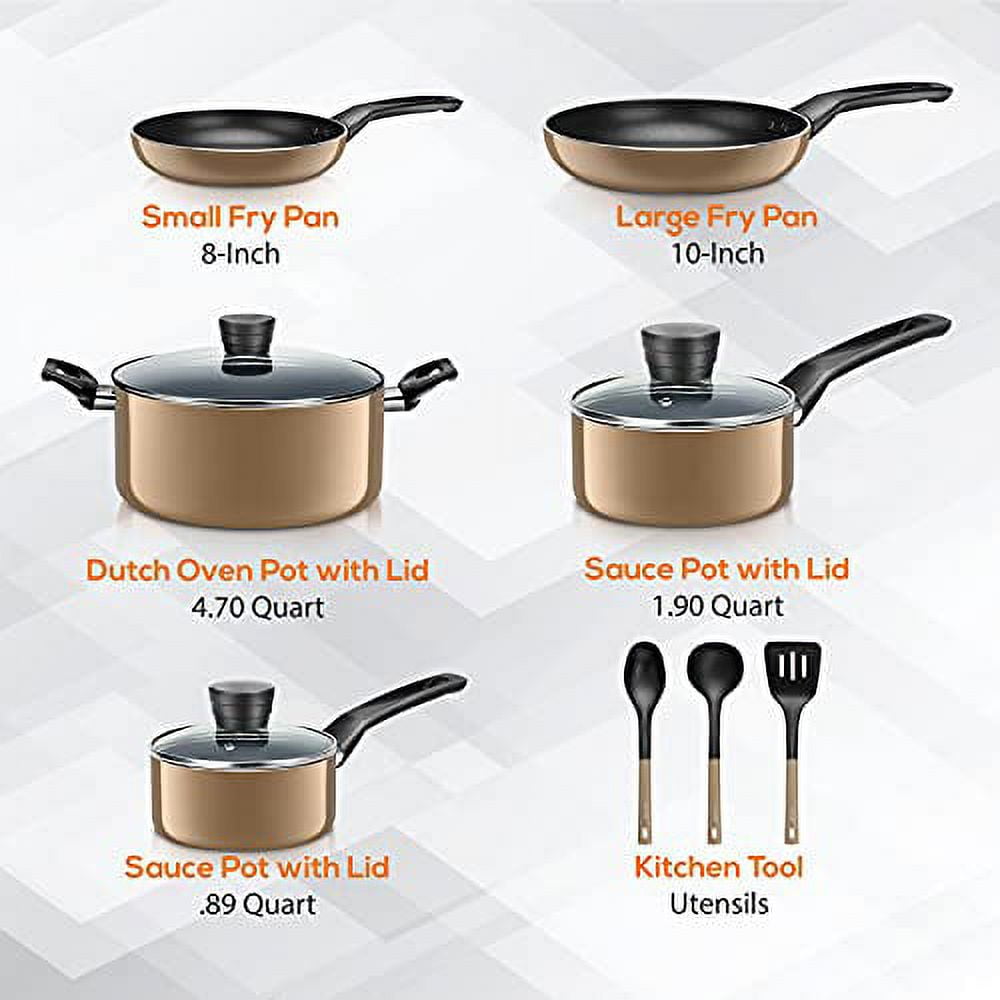 Essentials 11 Piece Pots and Pans Non Stick Kitchenware Cookware Set, Gold