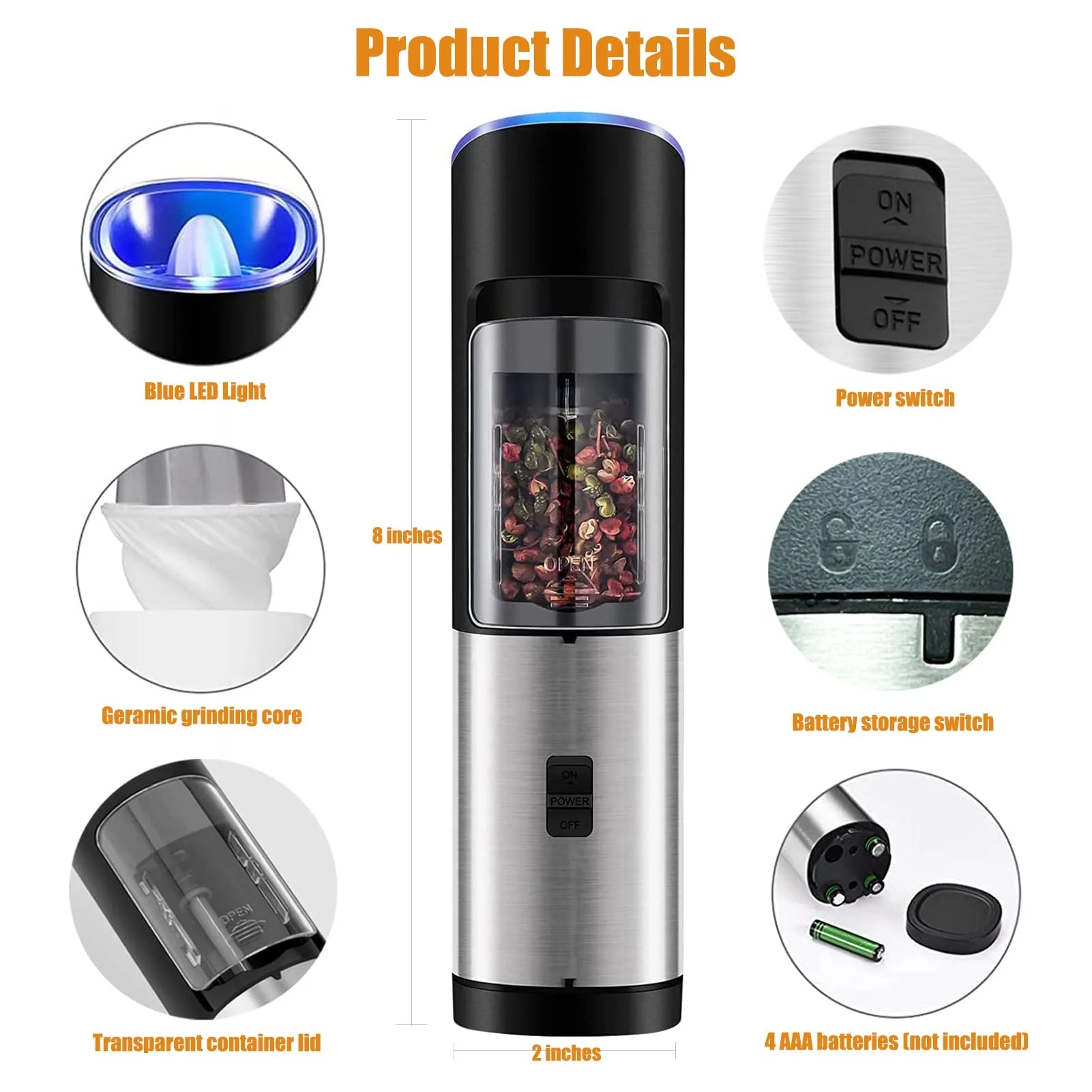 Essentials 2 Pack Electric Salt and Pepper Grinder Set 