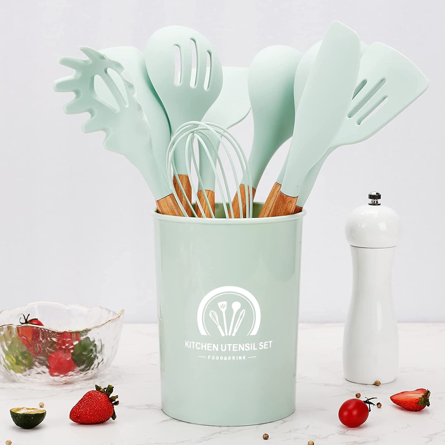 Essentials 34PCS Silicone Cooking Utensils Set, 446°F Heat Resistant Wooden Handle Cooking Kitchen Utensils Spatula Set with Holder for Nonstick Cookware,Dishwasher Safe (BPA Free),Green