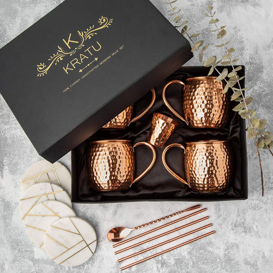 Essentials Moscow Mule Copper Mugs 18 Oz - Set of 4. with Real Marble Coasters. 100% Handcrafted Pure Food Safe Copper Mug Cups | Gift Set | 4 Straws, 4 Marble Coaster, Shot Glass, Stirrer | Luxurious Box