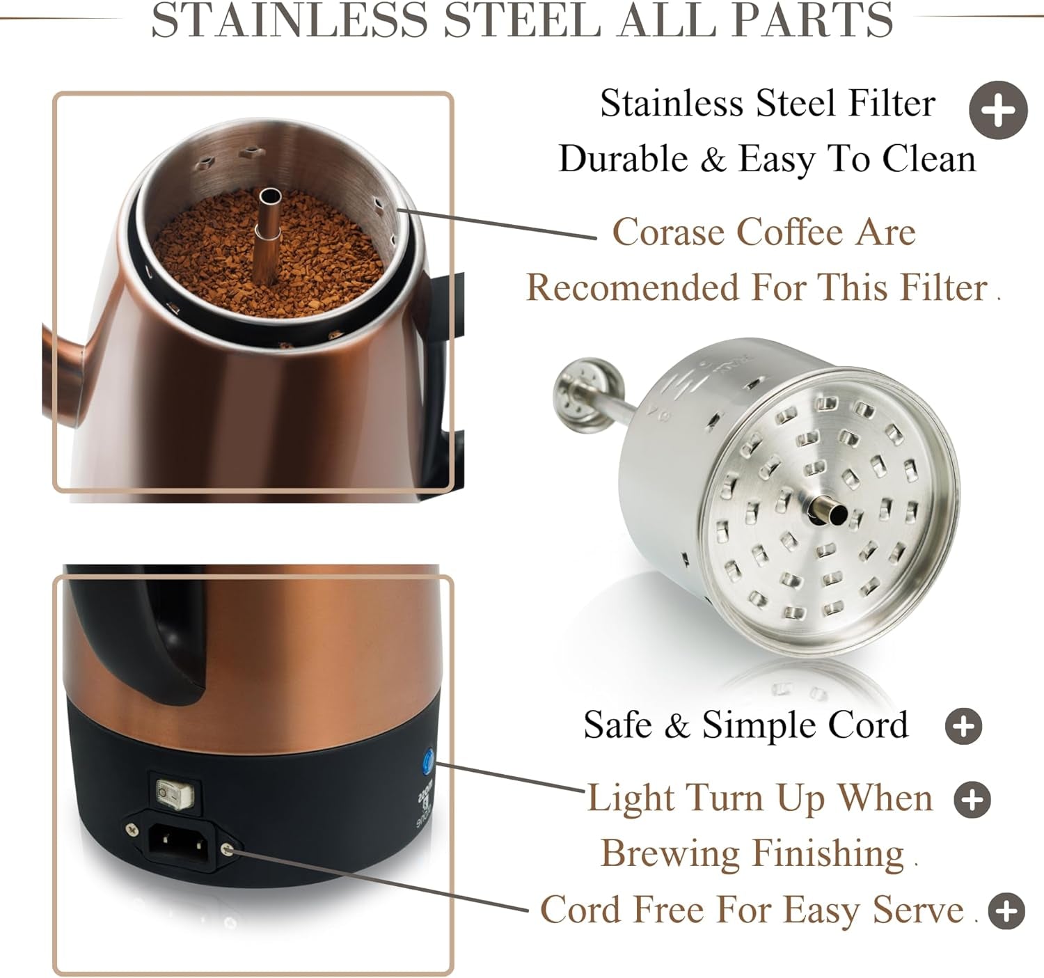 Essentials Percolator Coffee Pot Electric 10 Cup, Stainless Steel Coffee Maker