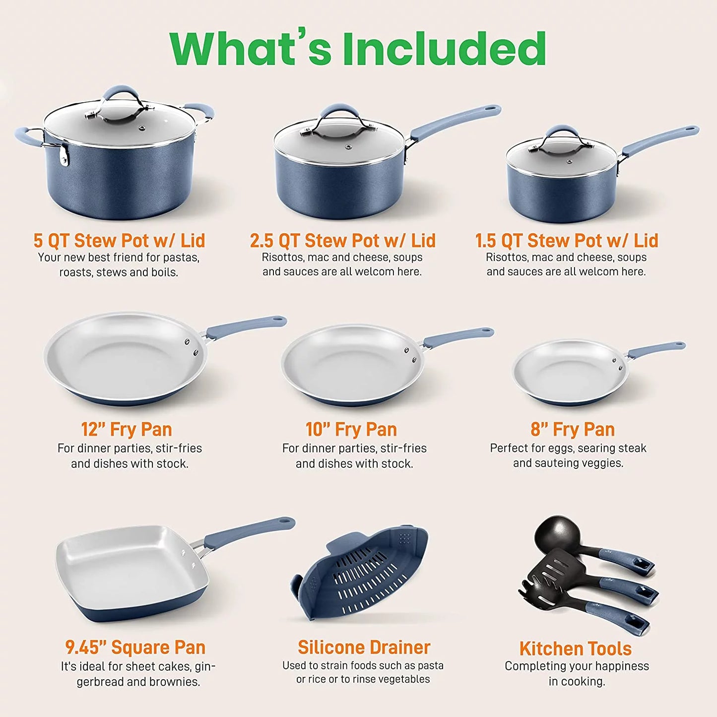 Essentials Kitchenware Pots & Pans Set – High-Qualified Basic Kitchen Cookware Set, Non-Stick (20-Piece Set)