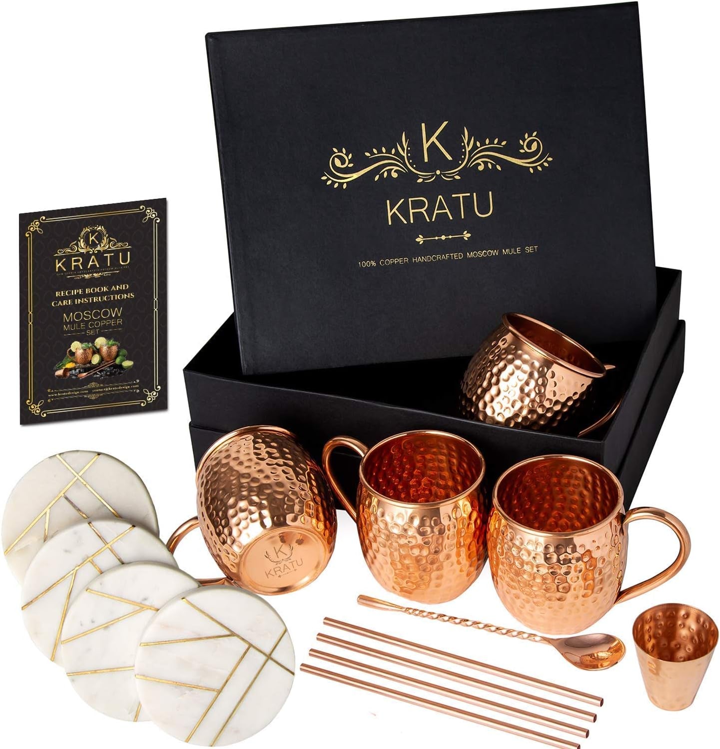 Essentials Moscow Mule Copper Mugs 18 Oz - Set of 4. with Real Marble Coasters. 100% Handcrafted Pure Food Safe Copper Mug Cups | Gift Set | 4 Straws, 4 Marble Coaster, Shot Glass, Stirrer | Luxurious Box