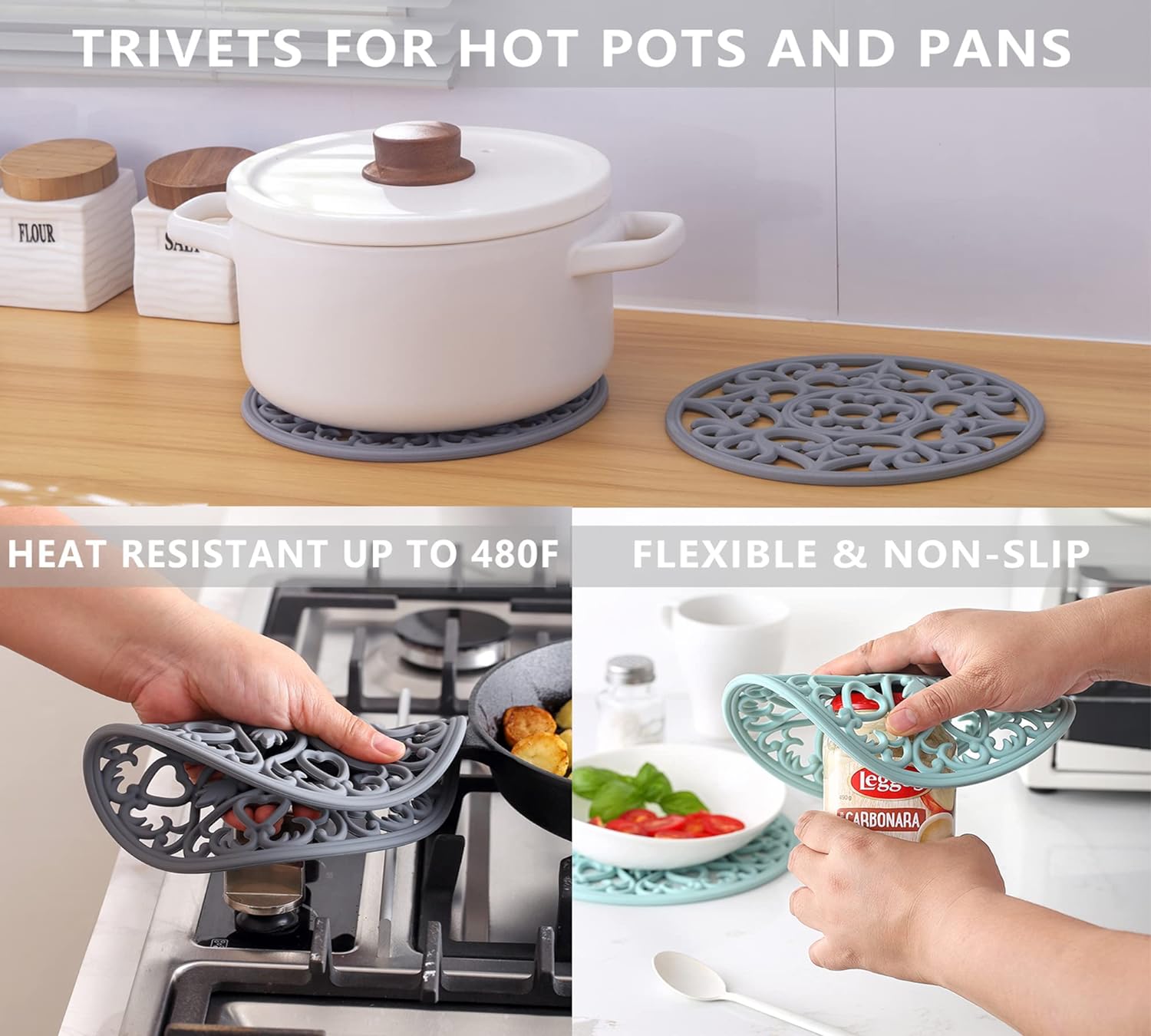 Essentials Oven Mitts and Pot Holders Sets, Silicone Oven Mitts Heat Resistant 600F