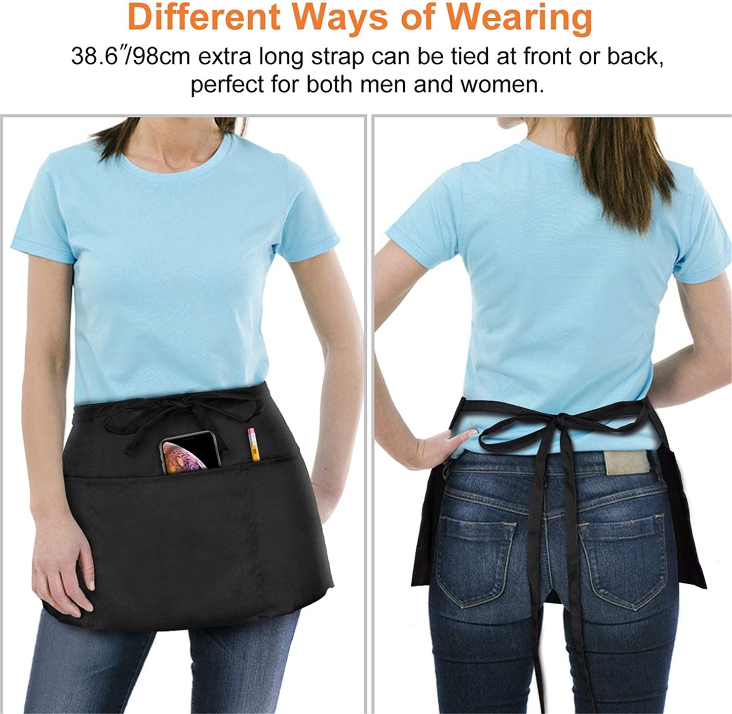 Essentials 3 Pack Waist Apron - Server Aprons with 3 Pockets - Water & Oil Resistant Waitress Apron with Pockets - Black Aprons for Servers - Half Aprons for Women with Pockets - 12 Inch