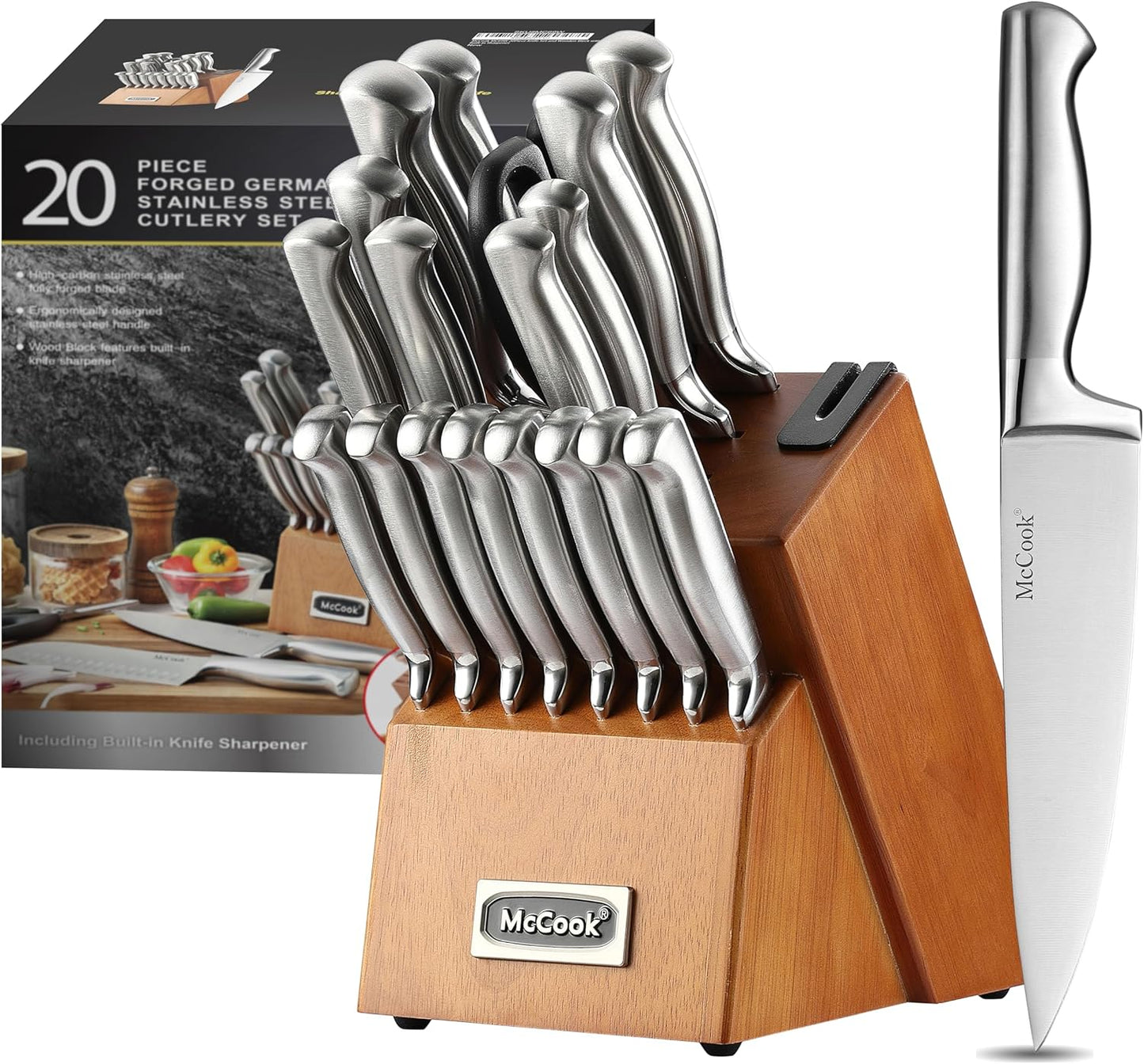 Essentials Knife Sets, Golden Titanium Stainless Steel Kitchen Knife Block Sets with Built-In Sharpener