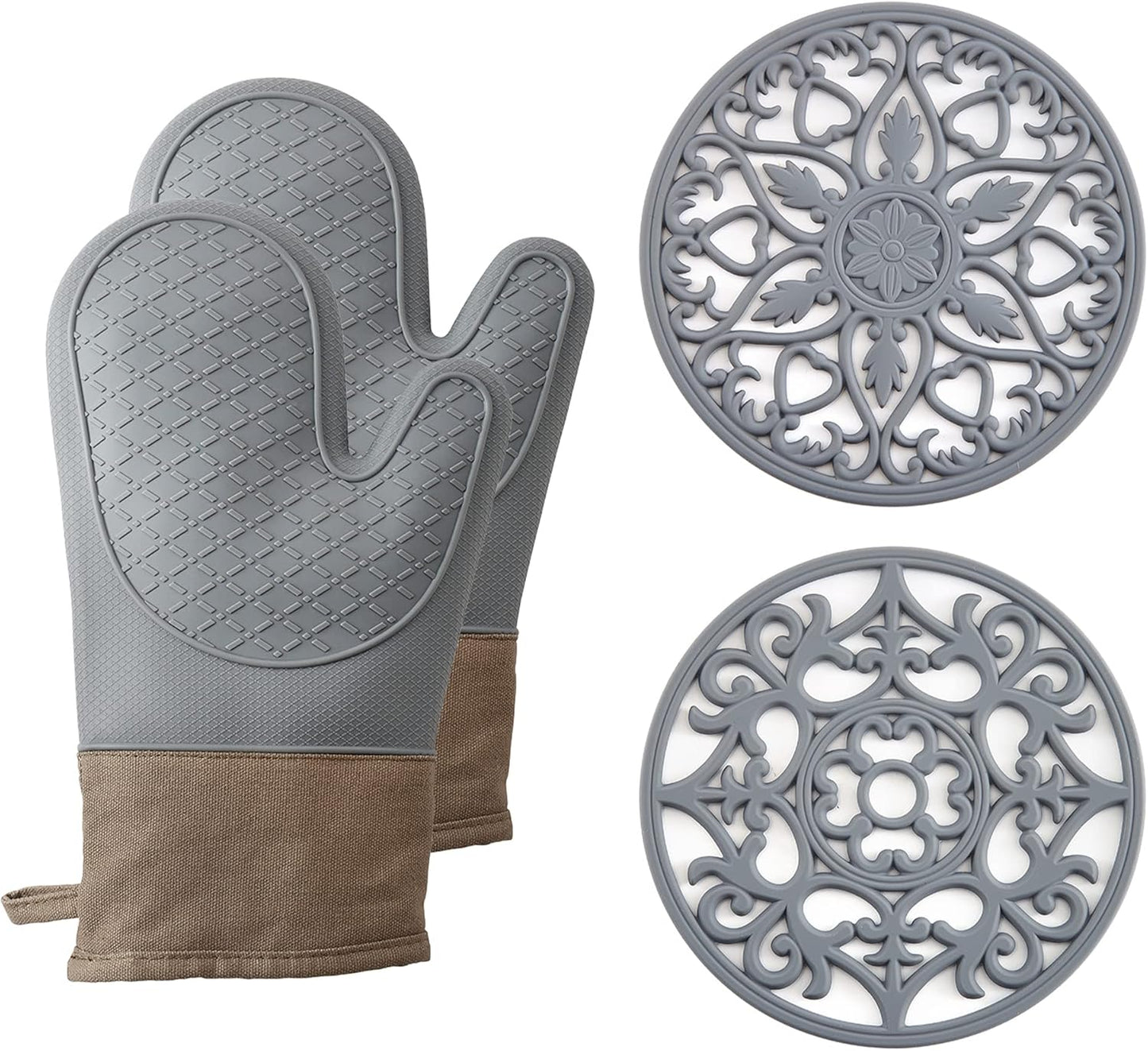 Essentials Oven Mitts and Pot Holders Sets, Silicone Oven Mitts Heat Resistant 600F