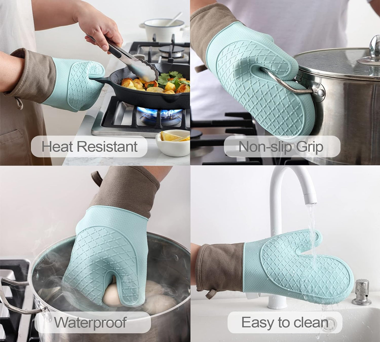 Essentials Oven Mitts and Pot Holders Sets, Silicone Oven Mitts Heat Resistant 600F