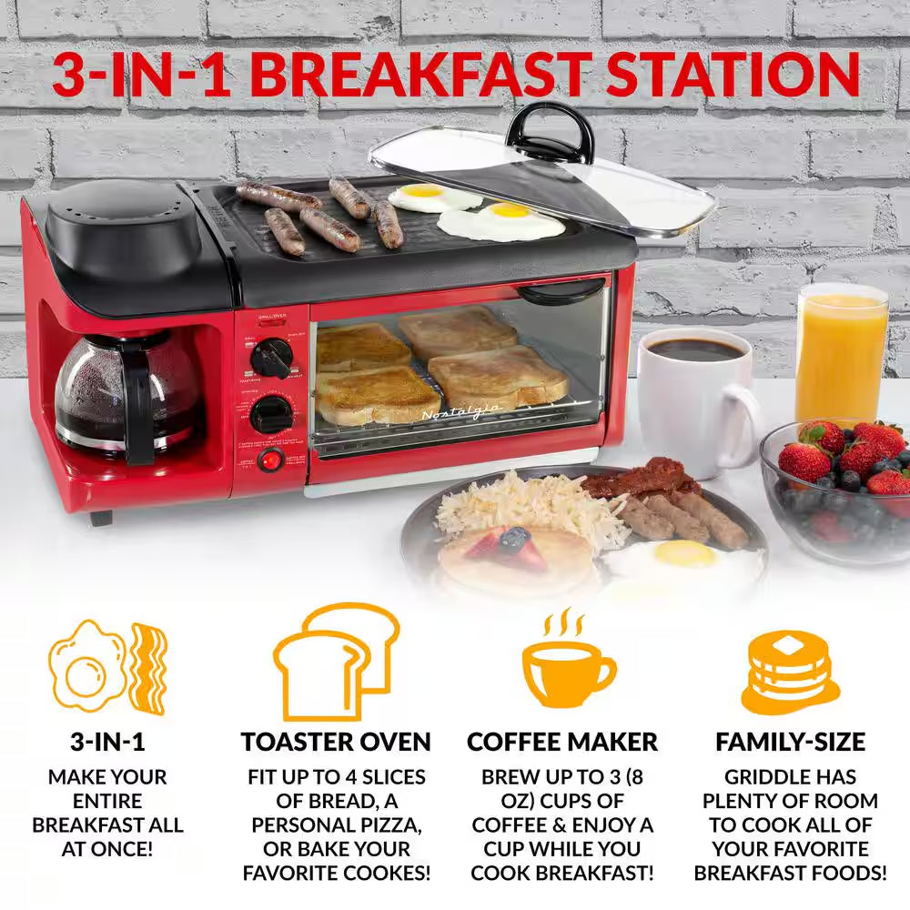 Essentials 1500 W 4-Slice Red Toaster Oven Breakfast Station