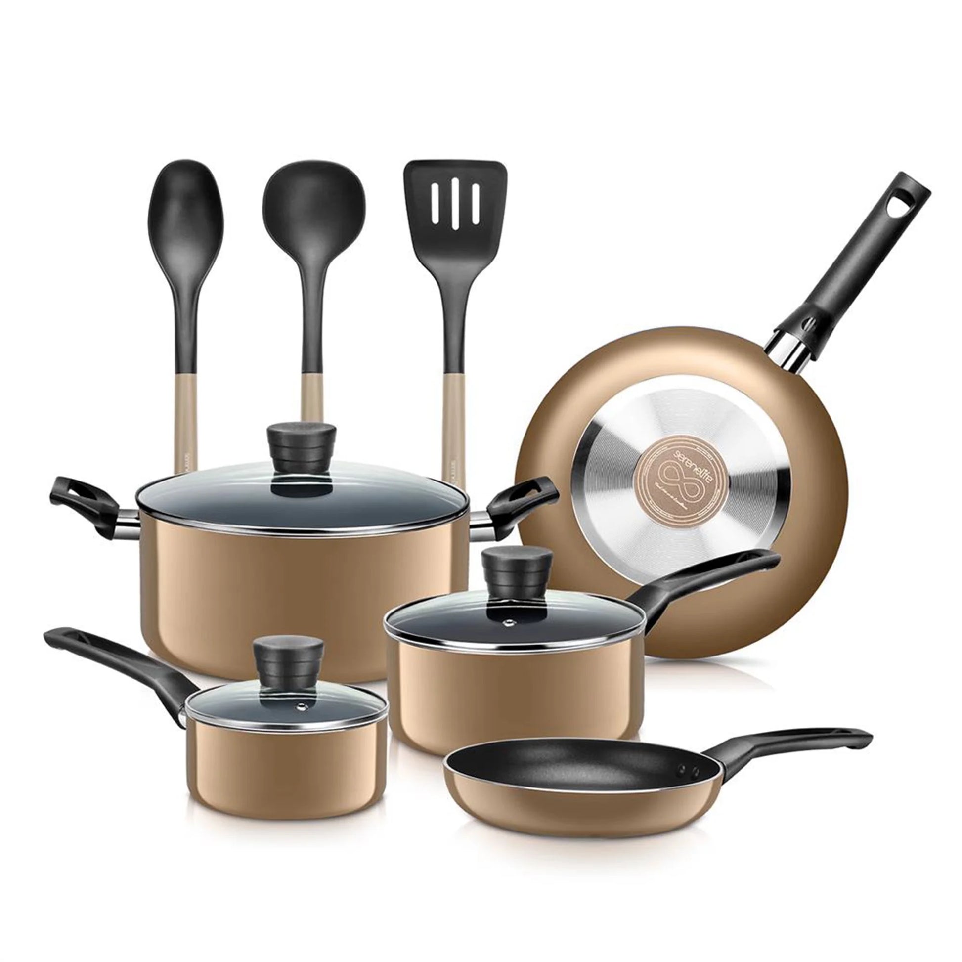 Essentials 11 Piece Pots and Pans Non Stick Kitchenware Cookware Set, Gold