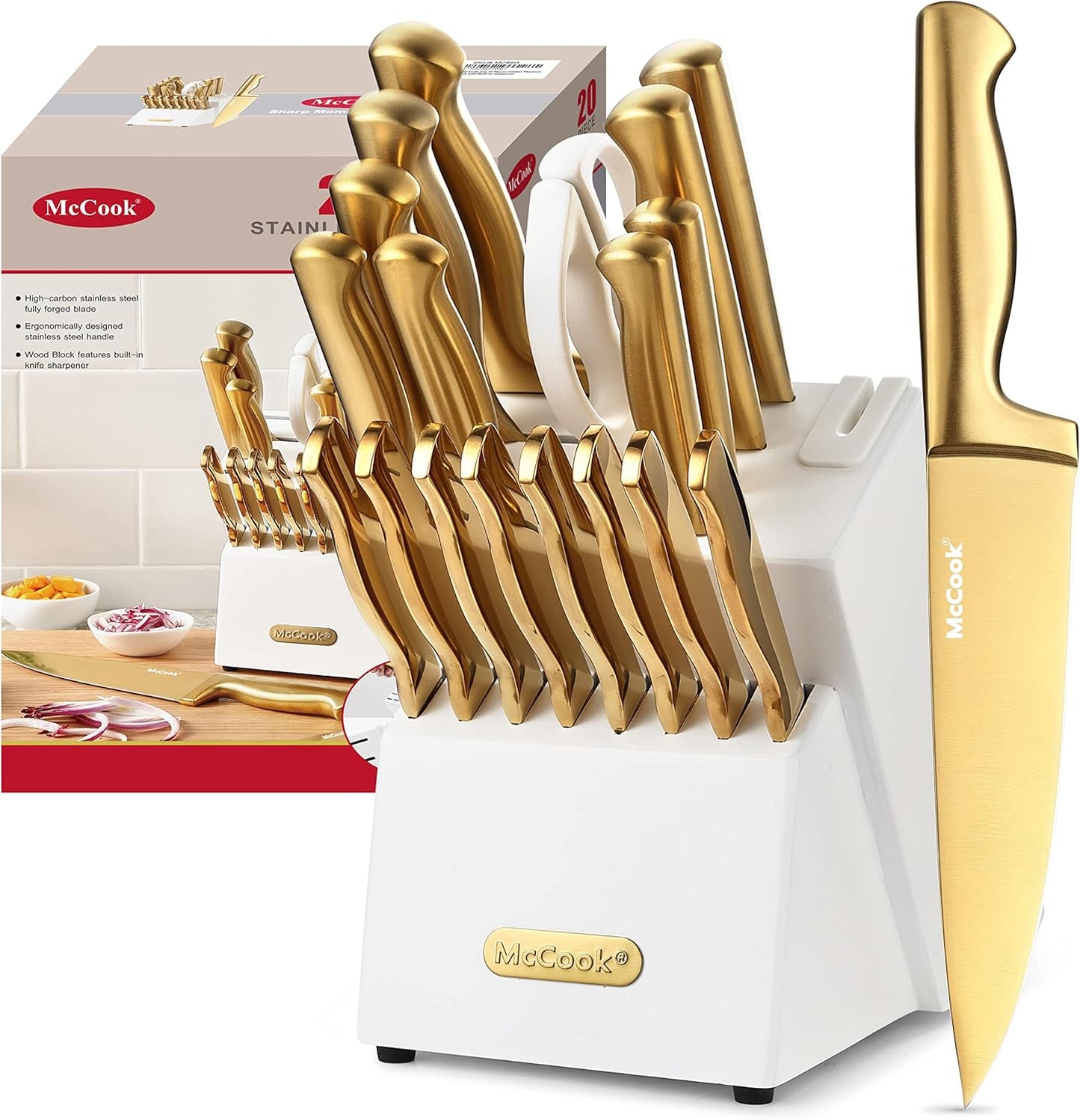 Essentials Knife Sets, Golden Titanium Stainless Steel Kitchen Knife Block Sets with Built-In Sharpener