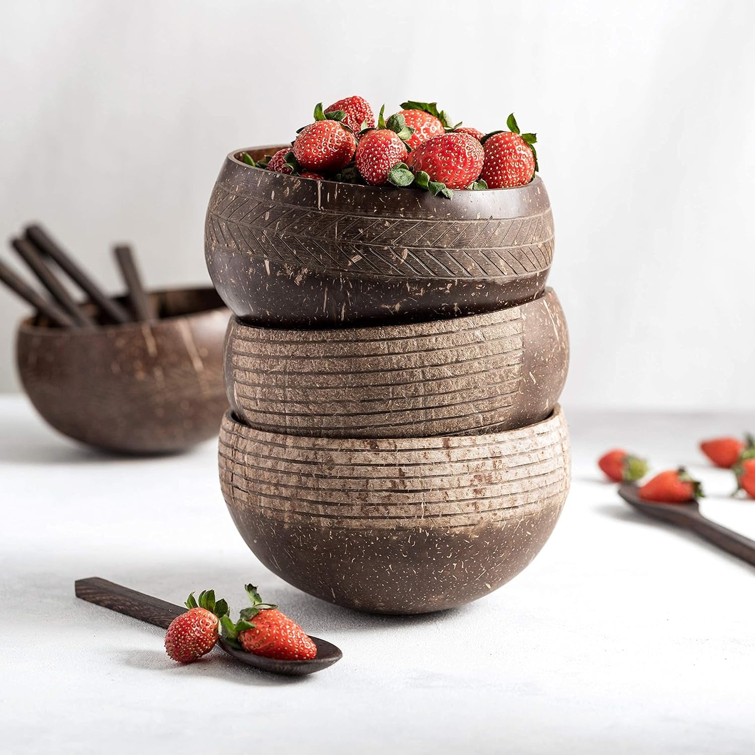 Essentials 2 Patterned Coconut Bowl and Wooden Spoons Set 