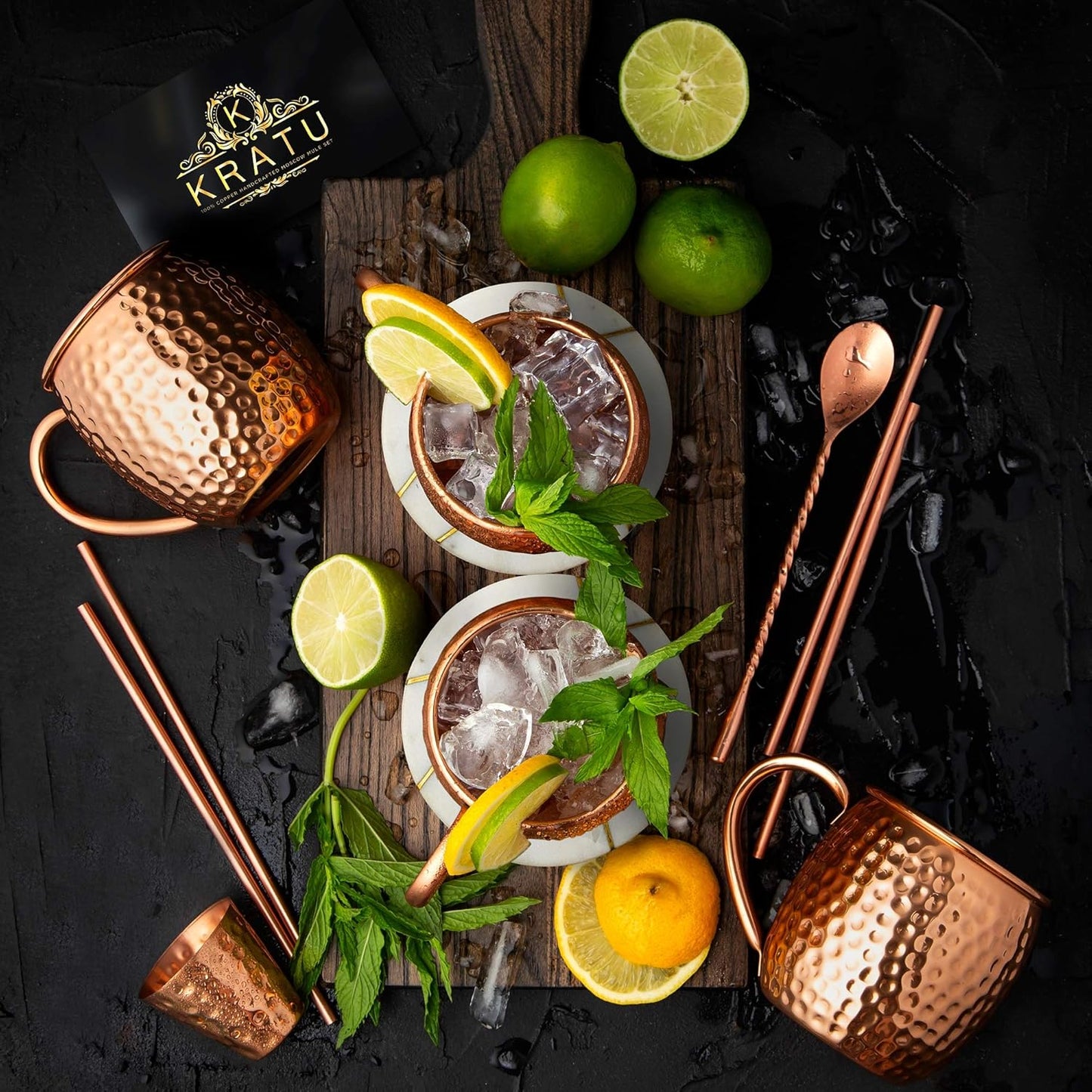 Essentials Moscow Mule Copper Mugs 18 Oz - Set of 4. with Real Marble Coasters. 100% Handcrafted Pure Food Safe Copper Mug Cups | Gift Set | 4 Straws, 4 Marble Coaster, Shot Glass, Stirrer | Luxurious Box