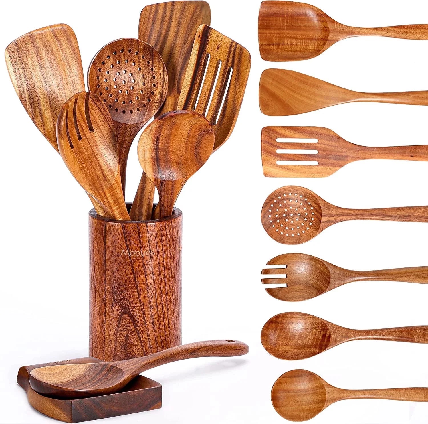 Essentials 9 Piece Natural Teak Wooden Kitchen Utensil Set with Spoon Rest 