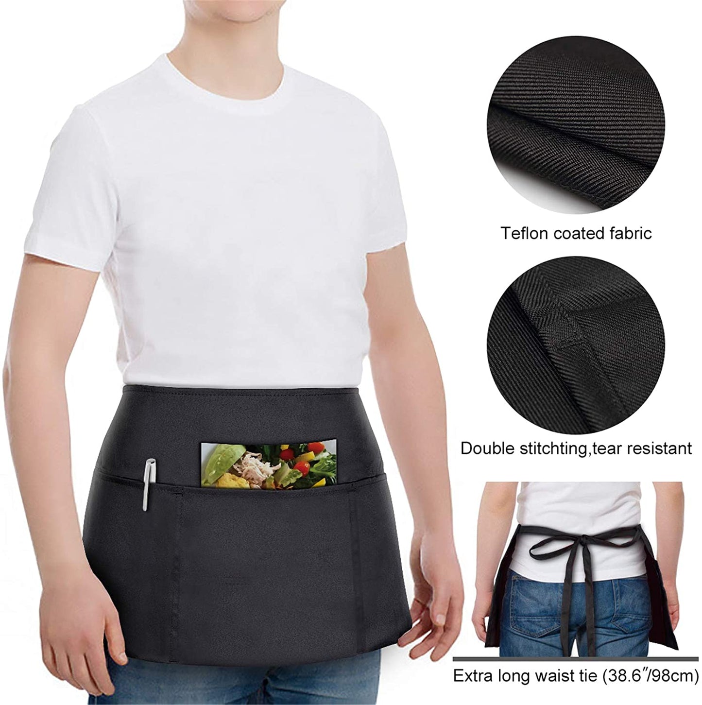 Essentials 3 Pack Waist Apron - Server Aprons with 3 Pockets - Water & Oil Resistant Waitress Apron with Pockets - Black Aprons for Servers - Half Aprons for Women with Pockets - 12 Inch