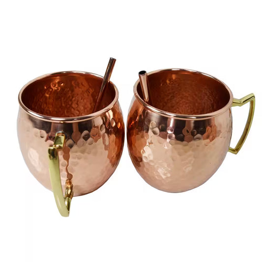 Essentials Solid round Pair of 100% Copper Mule Mug Cups with Straws 