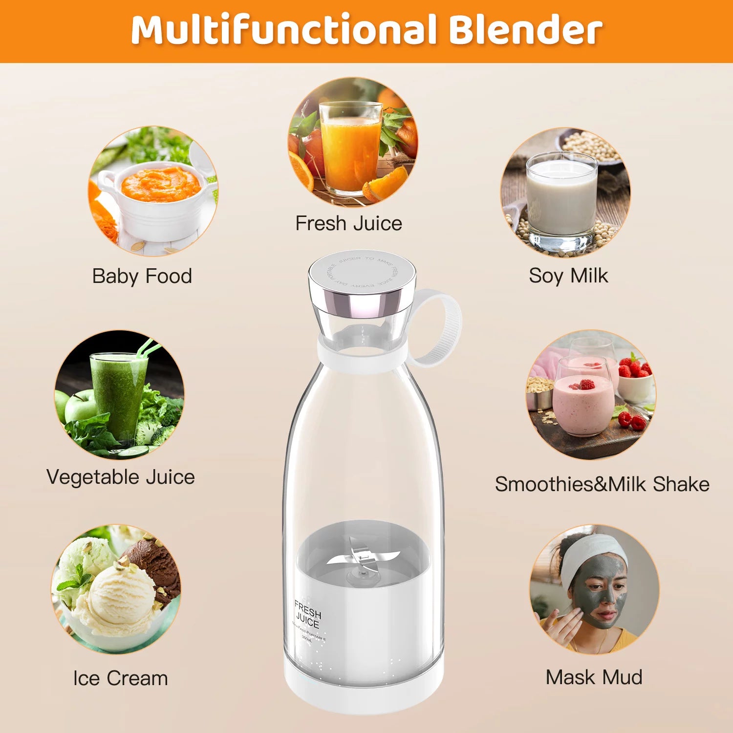 Essentials Portable Blender, Electric Blender Bottle Juicer Cup, Personal Blender for Shakes and Smoothies,350Ml