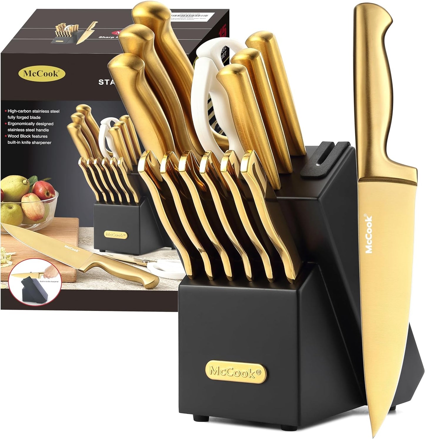 Essentials Knife Sets, Golden Titanium Stainless Steel Kitchen Knife Block Sets with Built-In Sharpener