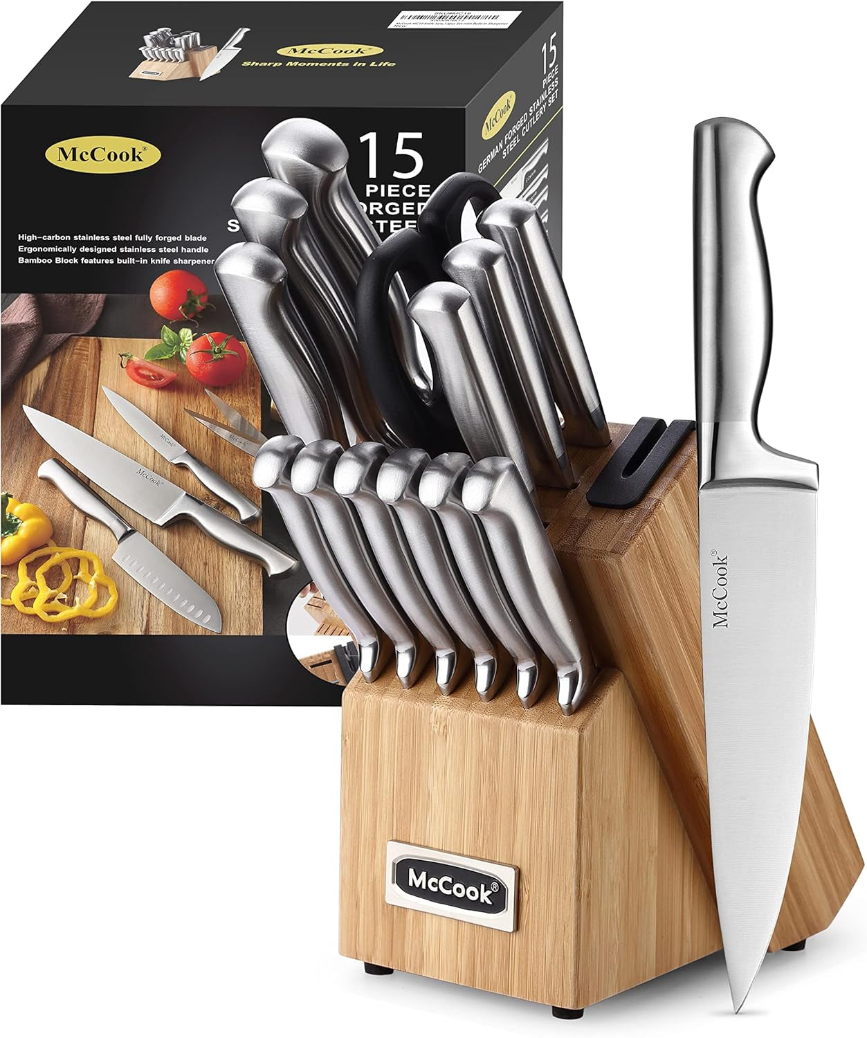 Essentials Knife Sets, Golden Titanium Stainless Steel Kitchen Knife Block Sets with Built-In Sharpener