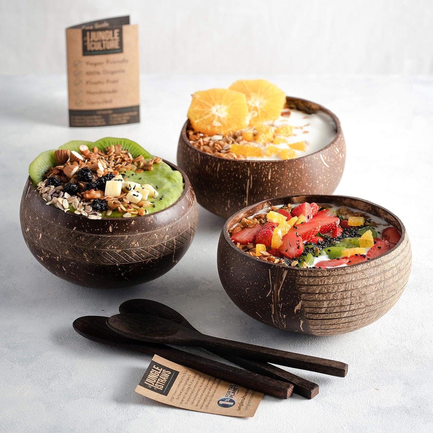 Essentials 2 Patterned Coconut Bowl and Wooden Spoons Set 