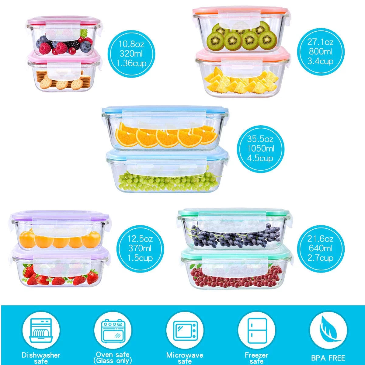 Essentials Glass Food Storage Airtight and Leakproof Containers Set - 20 Pieces