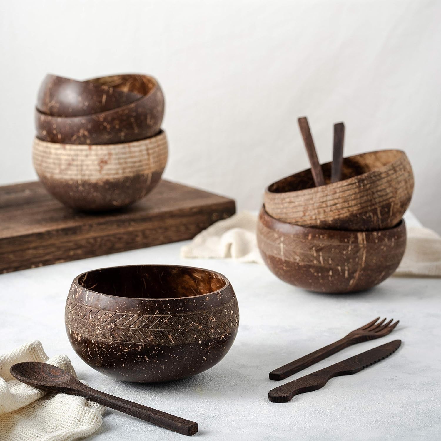 Essentials 2 Patterned Coconut Bowl and Wooden Spoons Set 