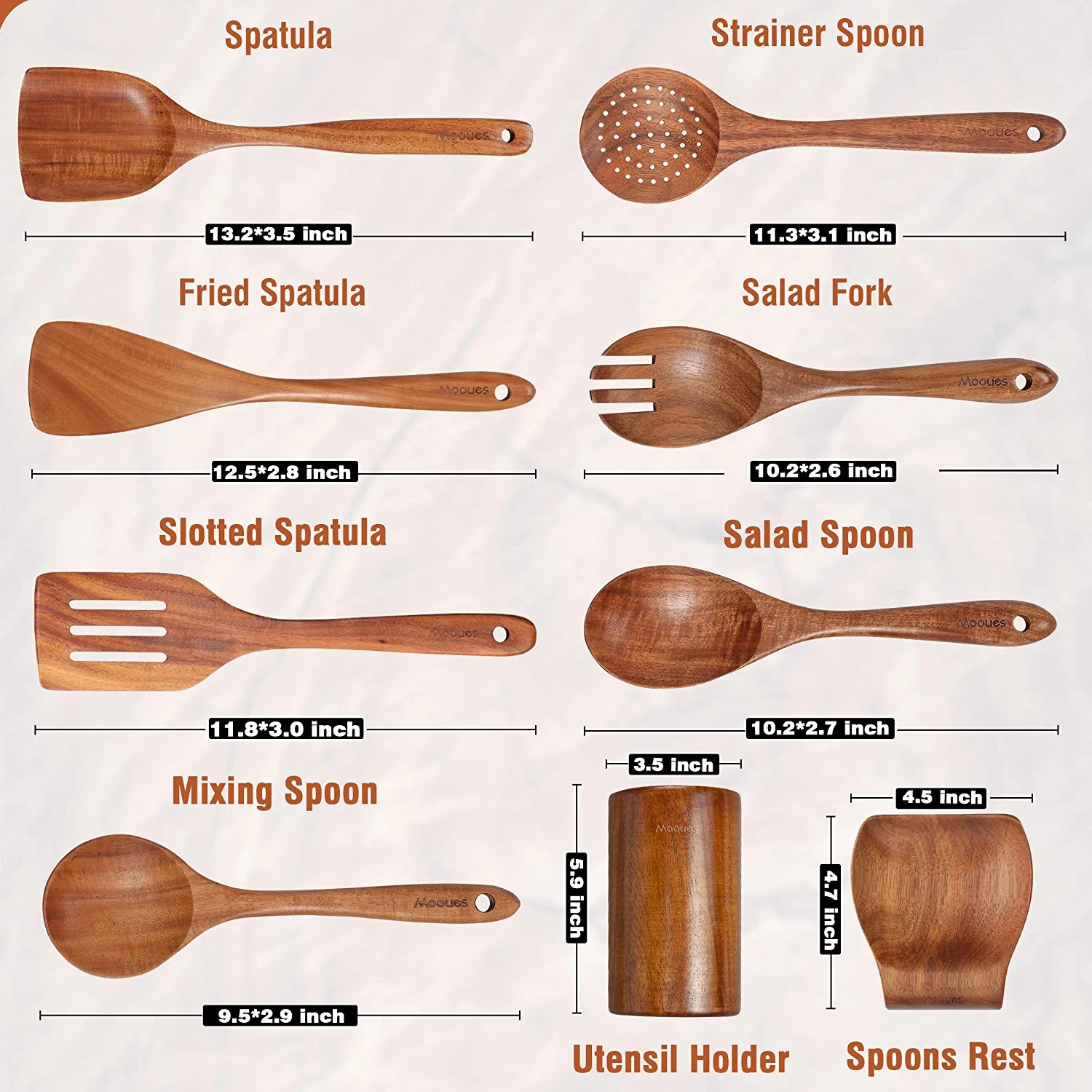 Essentials 9 Piece Natural Teak Wooden Kitchen Utensil Set with Spoon Rest 