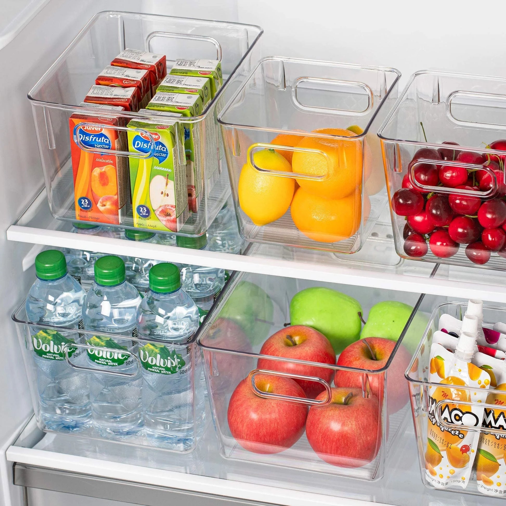 Essentials 4 Pack Clear Plastic Storage Bins with Handles,  Pantry Organizer Bins, for Refrigerator, Freezer, Cabinet, Kitchen, Countertops, Large