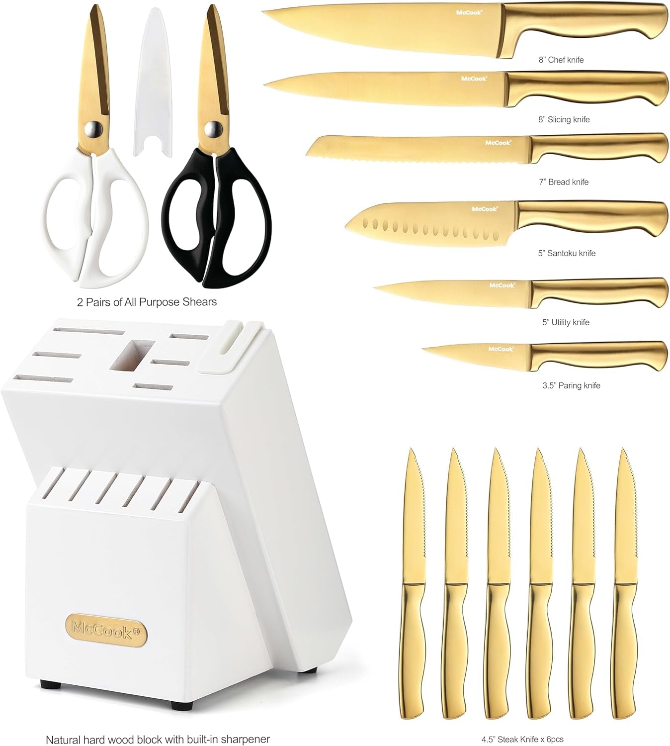 Essentials Knife Sets, Golden Titanium Stainless Steel Kitchen Knife Block Sets with Built-In Sharpener