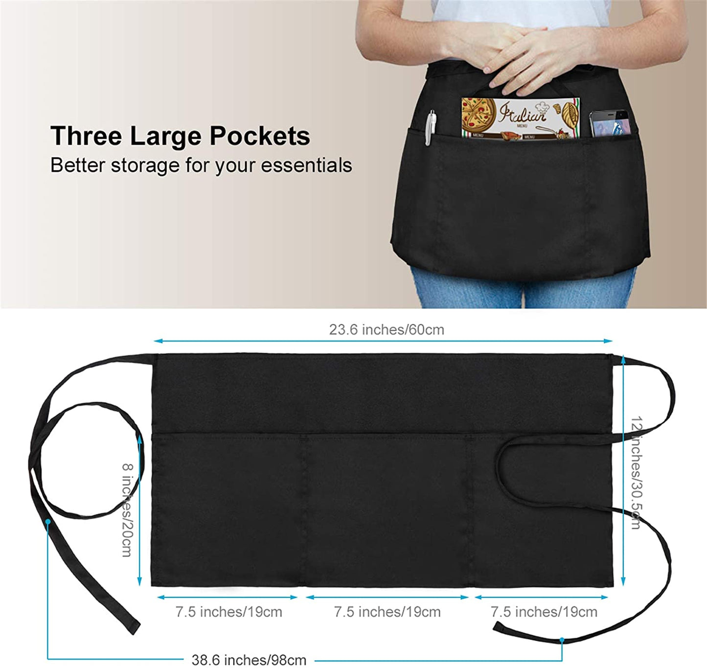 Essentials 3 Pack Waist Apron - Server Aprons with 3 Pockets - Water & Oil Resistant Waitress Apron with Pockets - Black Aprons for Servers - Half Aprons for Women with Pockets - 12 Inch