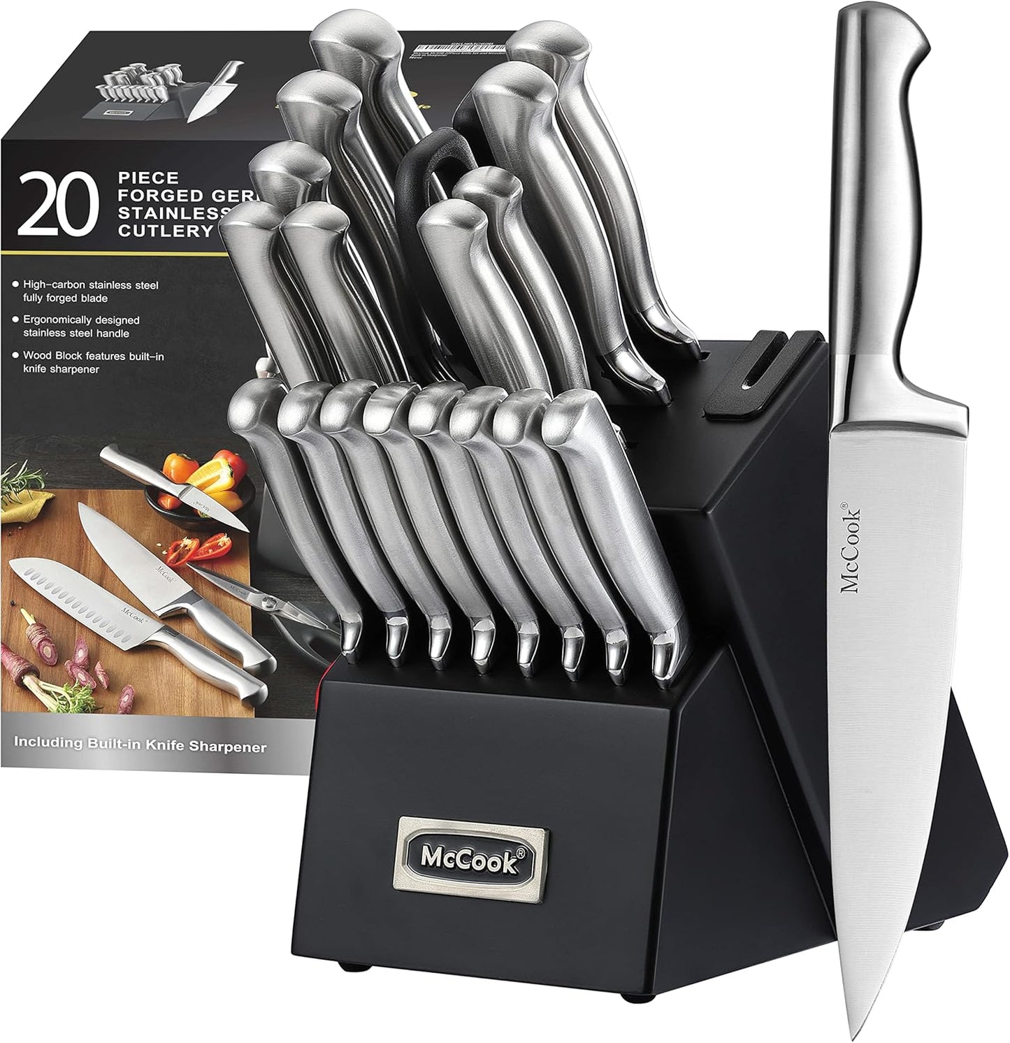 Essentials Knife Sets, Golden Titanium Stainless Steel Kitchen Knife Block Sets with Built-In Sharpener